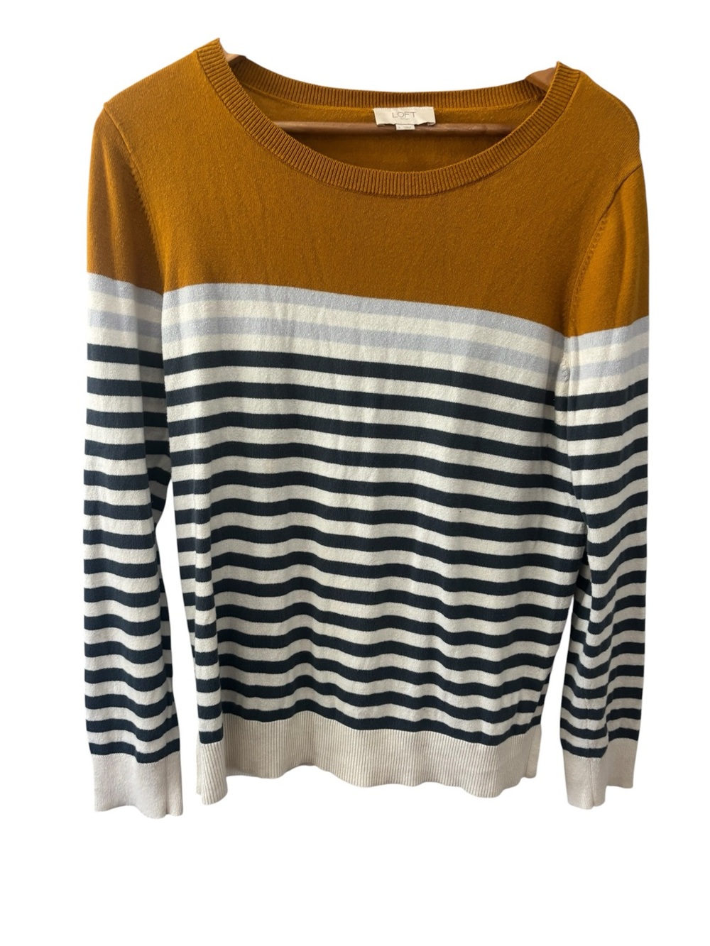 Loft Outlet Striped Sweater Womens Size Large Mustard‎ Grey Black Preppy Boho